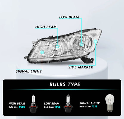For 2008-2012 Honda Accord 4-Door Sedan Chrome Headlights Clear Corner Lamps L+R