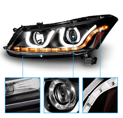 [U Shape Style]For 08-12 Honda Accord Sedan Black LED Tube Projector Headlights