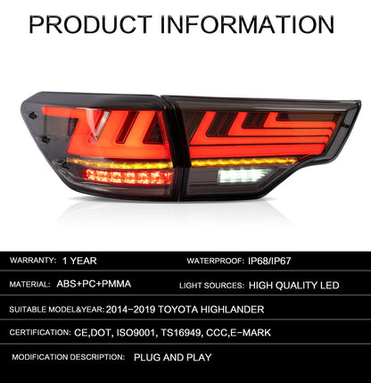 VLAND LED TAILLIGHTS FOR 2014-2019 Toyota Highlander w/Start Up Animation Set