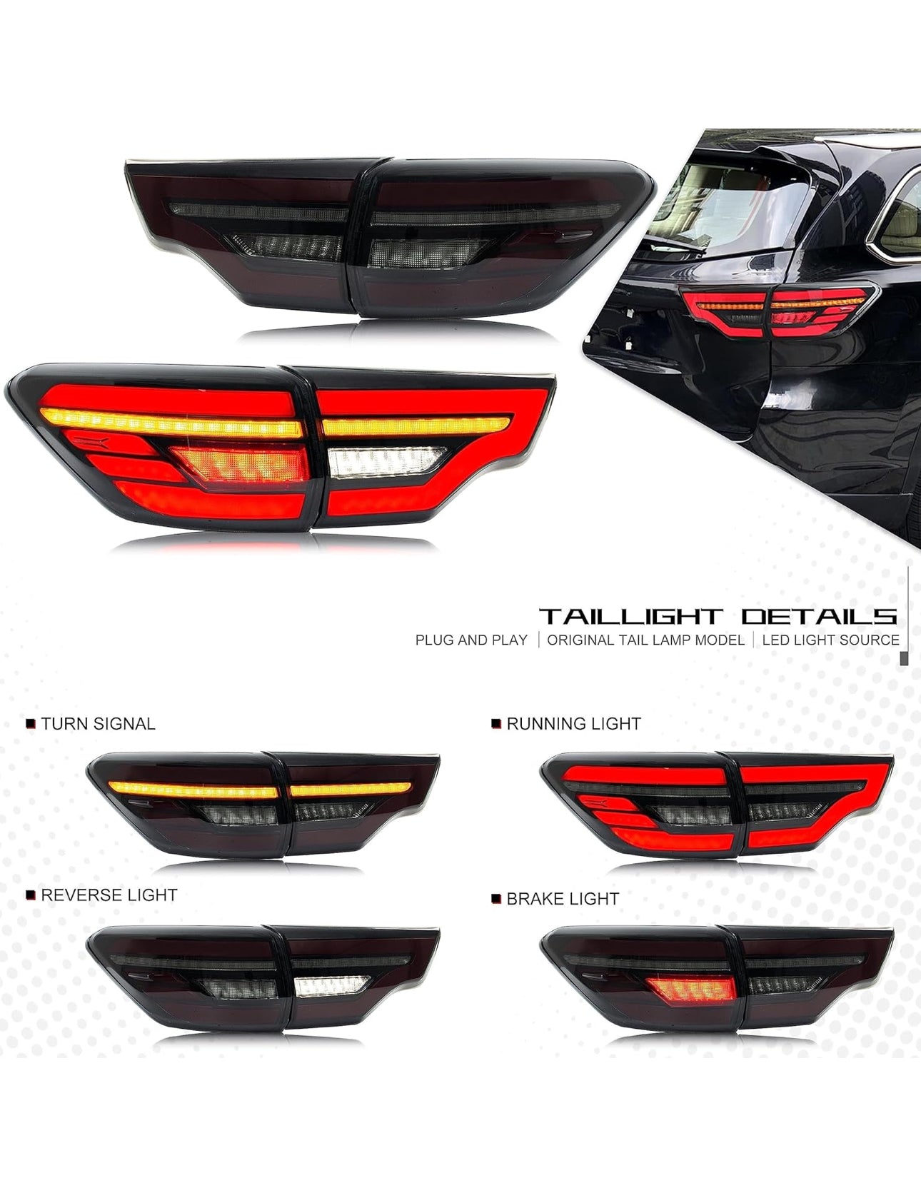 V2 LED BLACK Taillights for Toyota Highlander 2014-2019 Sequential Signal, Start Up Animation Set